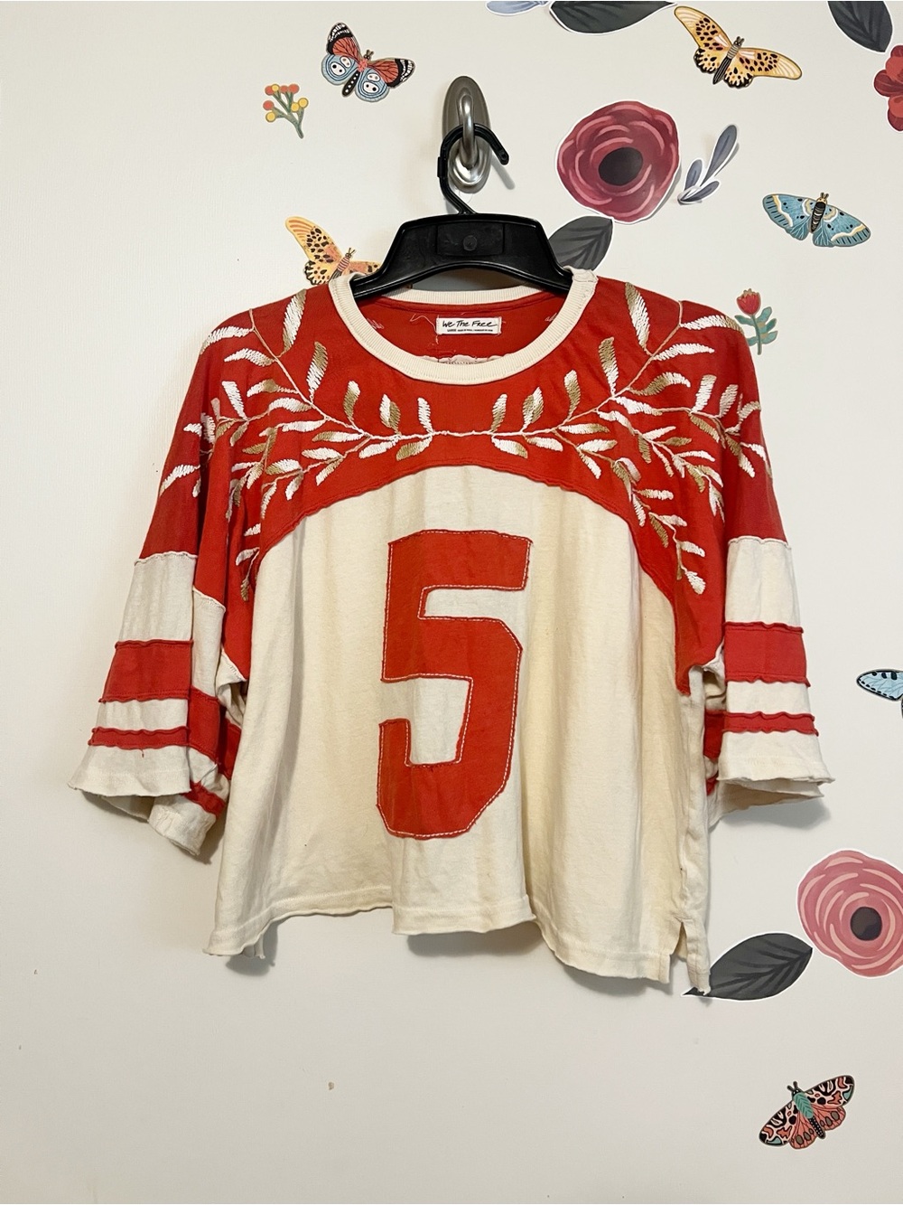 We The Free Cropped Football Jersey in Red and Cream L